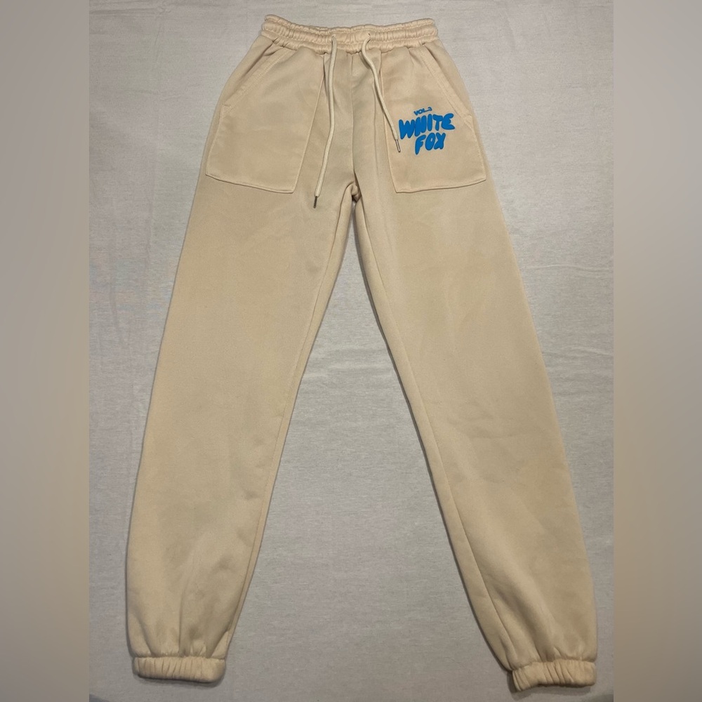 White Fox Beige Sweatpants with Blue Writing